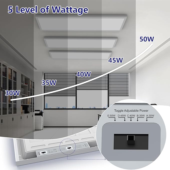 AIKVSXER 1x4 Led Flat Panel Light Surface Mount-2 Pack, 50W 5500Lm Dual Selectable 5CCT 3000K/4000K/5000K/5700K/6500K and Wattage 30-50W 0-10V Dimmable Ceiling Light Fixture for Kitchen/Laundry