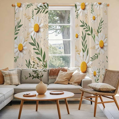 Spring Daisy Kitchen Curtains, Country Watercolor Flower Leaf Plant Light - Image 3