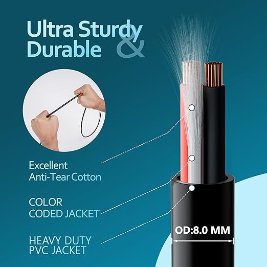 HiFind 12/2 Gauge Speaker Wire Cable 50 Ft-Tinned OFC Copper-UL CL3 Rated- Indoor/Outdoor-Pro Series 12 AWG-UV PVC Jacket&Cotton, Hi-Fi Sound for Car Audio,Home Theater Speakers,Stereos-Black