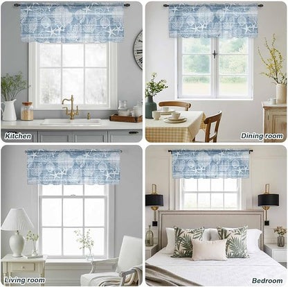 Haze Blue Retro Summer Sheer Valance Curtains, Sea Turtle Starfish Coral Ocean - Image 9