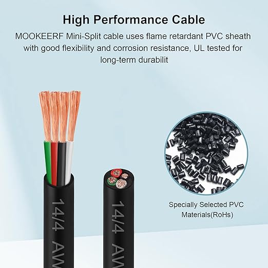 MOOKEERF 14/4 AWG Mini-Split Cable - 75FT 14 AWG 4 Conductor Control Cable 300V Stranded Oxygen-Free Pure Copper Wire for Mini Split Air Conditioner,Heat Pump,HVAC Systems and Speaker Systems