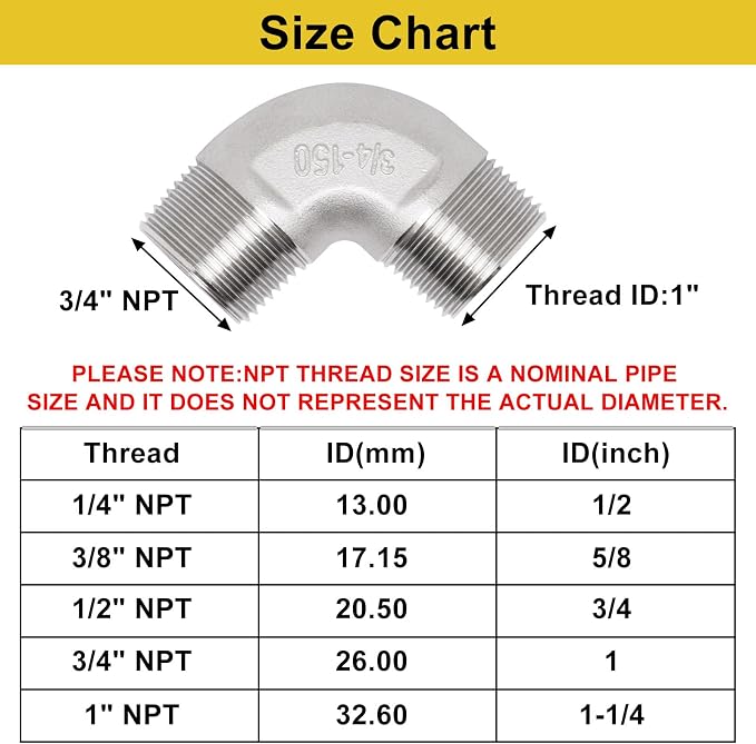 3/4" x 3/4" NPT 90 Degree Elbow 304 Stainless Steel Pipe Fittings Male Threaded - Image 2