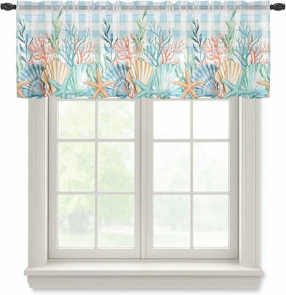 Summer Beach Sheer Valance Curtains, Ocean Colorful Coral Shell Seaweed by Houseown
