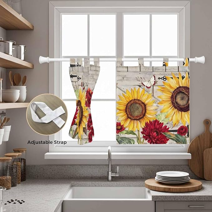 Red Yellow Sunflowers Kitchen Curtains 24 Inch Length, Small Window Curtains - Image 5