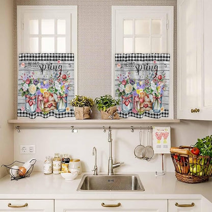Spring Flowers Kitchen Curtain Set, Farmhouse Black Plaid Wood Grain Window - Image 4