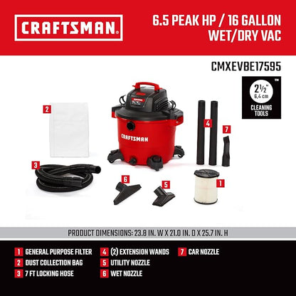 CRAFTSMAN CMXEVBE17595 16 Gallon 6.5 Peak HP Wet Dry Vac, Heavy-Duty Shop - Image 3