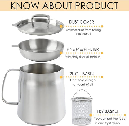 68oz 304 Stainless Steel Oil Filter Pot, Heavy Duty Bacon Grease Container & - Image 5