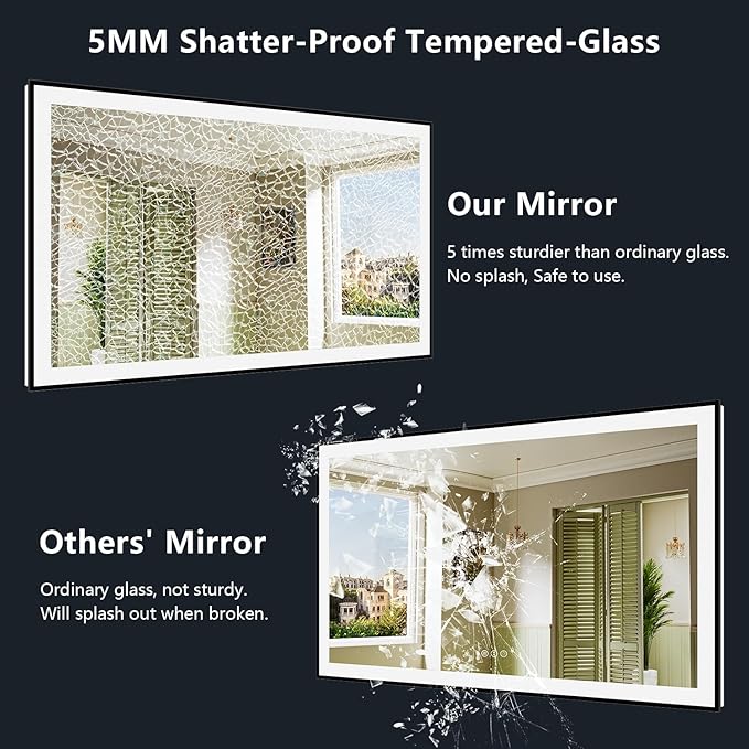 YEELAIT 72x36 Inch LED Bathroom Mirror with Lights (Front Lit and Backlit) Black Framed Lighted Vanity Mirror for Bathroom Wall Dimmable Anti-Fog Memory Tempered Glass Horizontal/Vertical