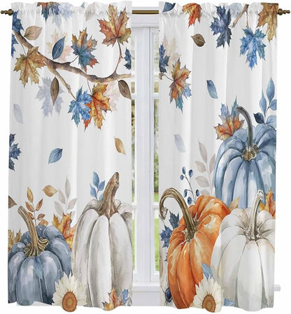 Navy Blue Pumpkin Fall Window Curtains 63 Inch Long 2 Panel Set, Rod Pocket - Image 2