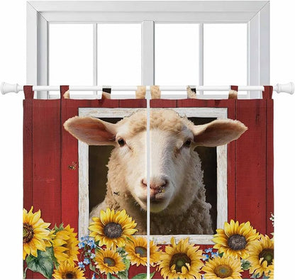 Sheep Sunflower Kitchen Curtains 45 Inch Length, Short Cafe Window Curtains Tab by Unknown