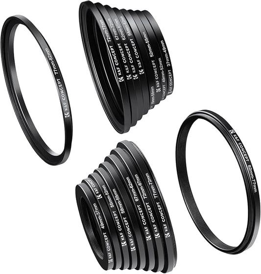 K&F CONCEPT 18 Pieces Filter Ring Adapter Set, Camera Lens Filter Metal by KFCONCEPT