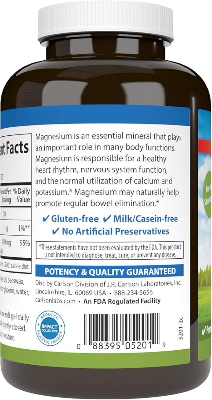 Carlson - Magnesium Gels, 400 mg of Magnesium per Softgel, Heart & Muscle Support, Magnesium Gel Caps, Bowel Function, Magnesium Supplement, 250 Softgels