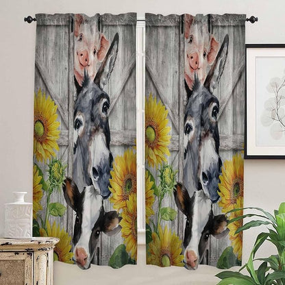 Farmhouse Living Room Curtains 72 Inches length, Vintage Sunflowers Animals - Image 2