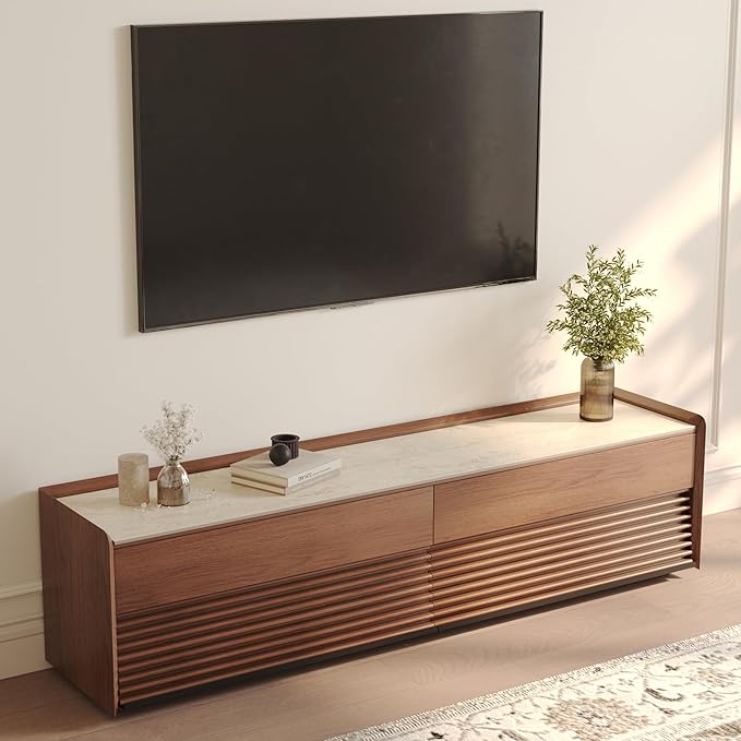 POVISON Fully-Assembled Mid Century Matte Sintered Stone TV Stand, 70.87" Wood Media Console with Adjustable LED Light, Entertainment Center with Storage for Living Room