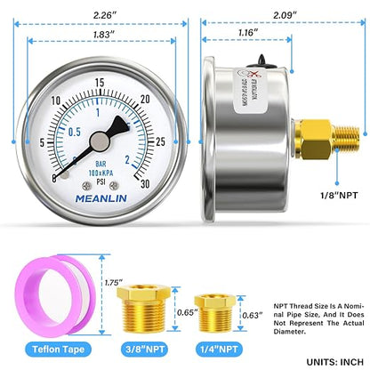 MEANLIN MEASURE 0~30Psi Dry Low Pressure Gauge Stainless Steel 1/8" NPT 2" FACE - Image 2