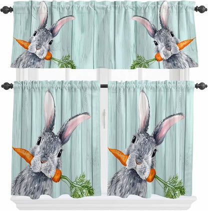 Easter Kitchen Curtain Set, Spring Rabbit Botanical Carrots Green Wooden Grain by Unknown
