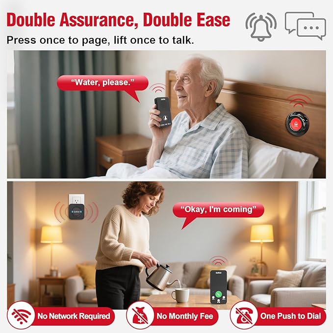 CallToU Caregiver Pager Alert Button Intercoms Wireless for Home for Seniors/Caregivers/Elderly/Patient/Pregnant/Home/Office 500FT Long Range, No Monthly Fee, Waterproof, Easy Install