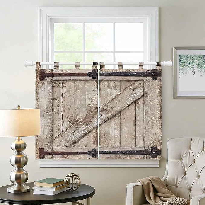 Farmhouse Wood Grain Kitchen Curtains 45 Inch Length, Short Cafe Window - Image 2