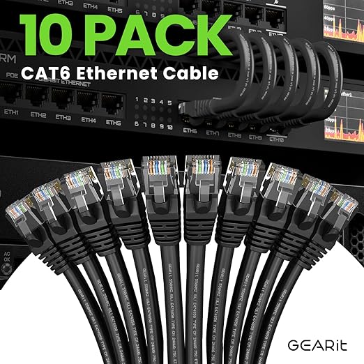 GEARit Cat 6 Ethernet Cable Pack - 10-Pack 20 ft Cat6 Ethernet Patch Cables | RJ45 Network Patch Cable, 10 Gbps Snagless Gold-Plated Connectors - Ethernet Cable Cat 6 for PC, TV, Router - Black