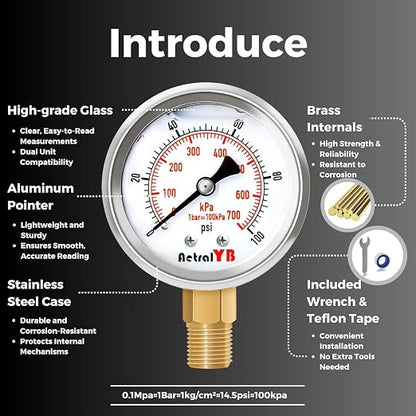 Glycerin-Filled Pressure Gauge, Brass Internal 2-Inch Gauge, Stainless Steel - Image 2