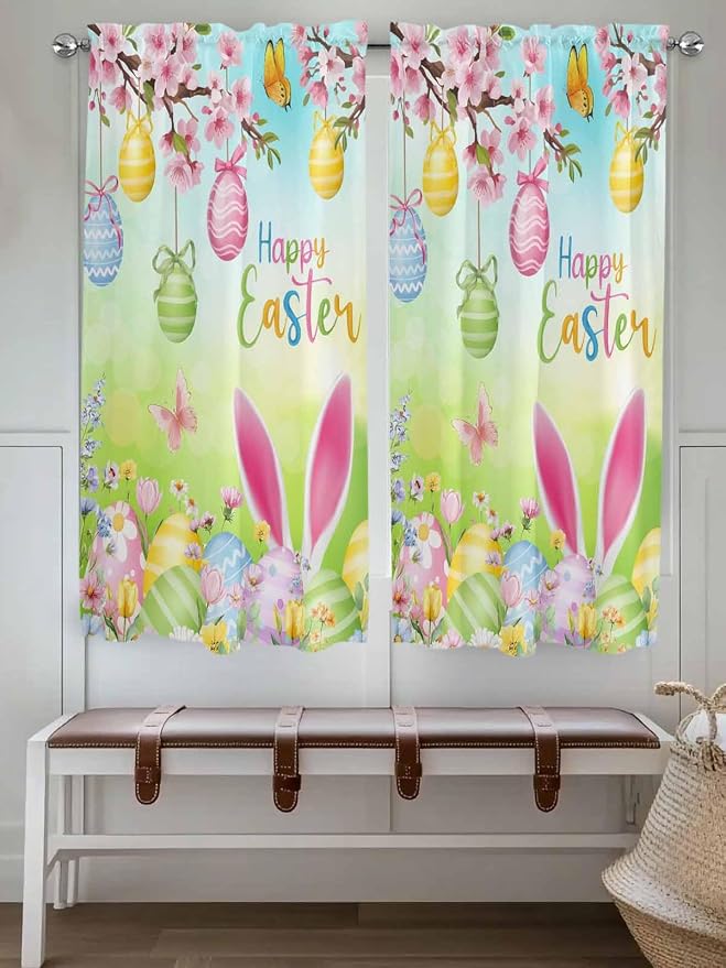 Easter Bedroom Curtains 63 Inches length, Spring Bunny Colorful Rabbit Eggs - Image 4