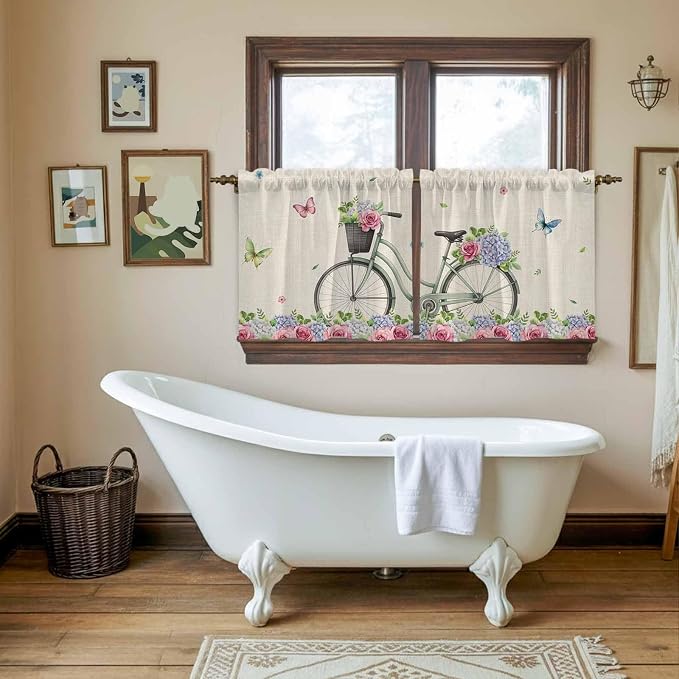 Farmhouse Spring Tier Curtains, Retro Bicycles Flowers Vines Butterfly Light - Image 5