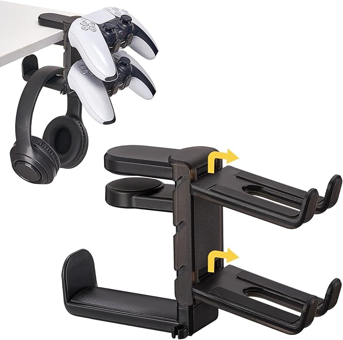 3 in 1 Under Desk Headphone Hanger with Adjustable Clamp Mount, 2 Controller Slots & 1 Headset Universal Holder Stand, Rotatable Hook Rack & Cable Organizer, for Home Gaming Xbox ps5 - Black