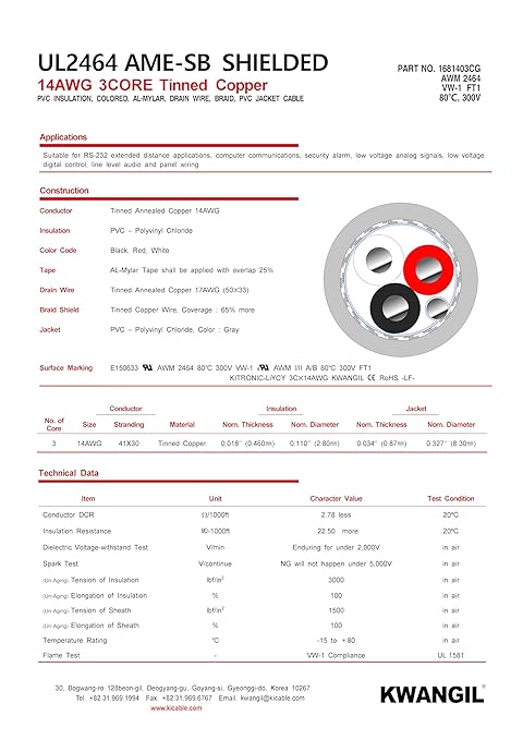 KWANGIL 3C 14AWG AMESB Shielded Cable Wire (UL2464) - Flexible Str TC, PVC Ins, OS+Drain+TC BRD, PVC JKT for CNC Machine, Stepper Motor, VFD Spindle (Gray 100FT)
