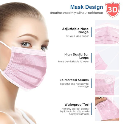 NNPCBT Pink Disposable Face Masks 125 Pack, 3-Ply Breathable Mask - Image 3
