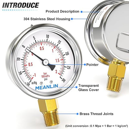 MEANLIN MEASURE -30inHG~30Psi Vacuum Gauge Stainless Steel 1/4" NPT 2" FACE - Image 4