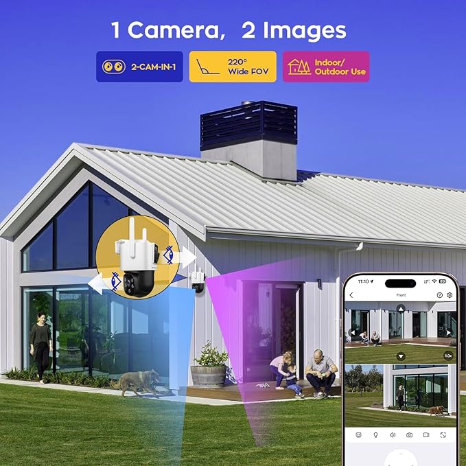 xmartO [Dual-CAM 180+° FOV] 6MP 2-in-1 WiFi 6 Home Security Camera with AI Tracking, Pan Tilt Zoom, 5G Dual Band, Bluetooth Easy Setup (Standalone & Groupable CAM)