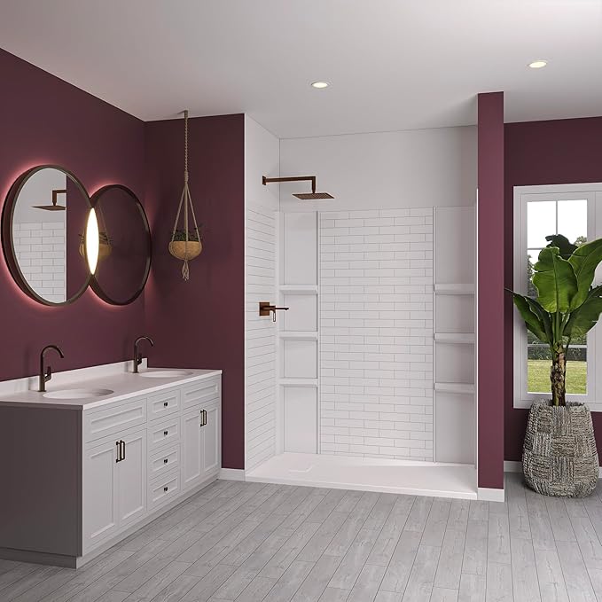 White Acrylic Shower Wall Surround 36"x 60"x 80" - Waterproof, Easy-to-Install, Two Shelf Units Kit Included - Shower Wall Surround Panels - Subway Tiles Pattern, Classic Shelves