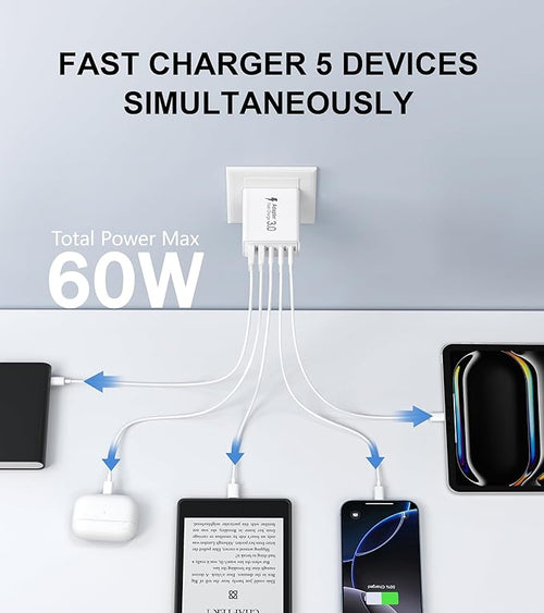 2Pack USB C Fast Charger Block,60W 5-Port USB Wall Charger Brick,2 USB A & 3 USB C PD3.0 Power Adapter Multiport Type C Charging Plug for iPhone 17/16/15/14,Pad Mini/Pro,AirPods 4,GalaxyS25(White)