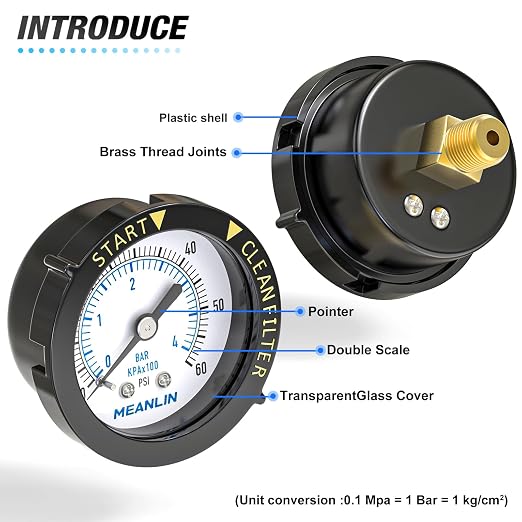 MEANLIN MEASURE 0~60Psi Plastic Frame 1/4" NPT Start and Clean Filter Pressure - Image 4