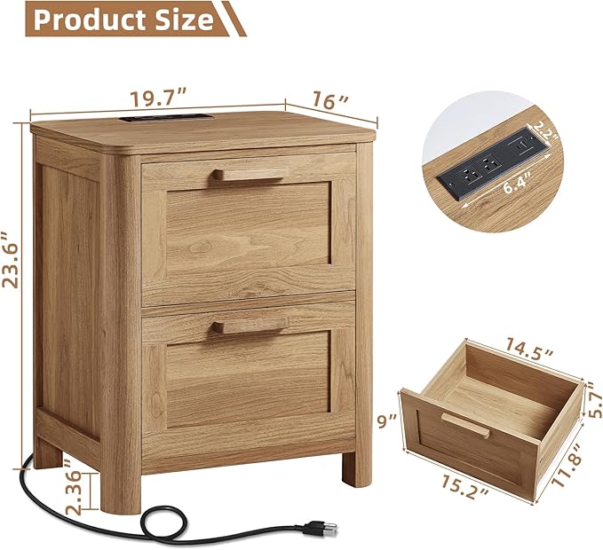 Joaxswe Farmhouse Nightstand with Charging Station, End Tables Bedroom with 2 Large Drawers & 4 Thickened Table Legs, Dark Wood