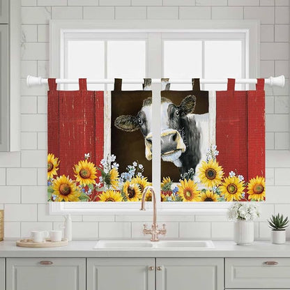 Cows Sunflowers Kitchen Curtains 36 Inch Length, Small Window Curtains Tab Top - Image 3