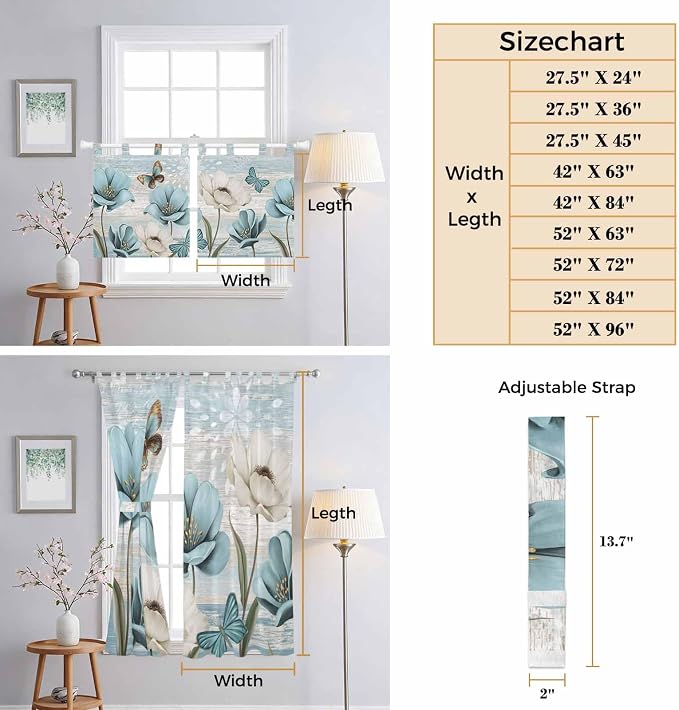 Spring Floral Kitchen Curtains 24 Inch Length, Small Window Curtains Tab Top - Image 8