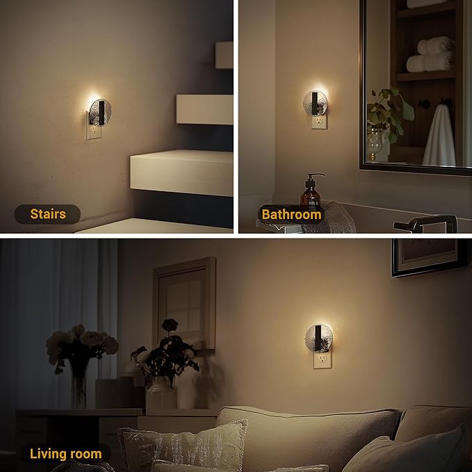 JandCase Night Light, LED Night Lights Plug into Wall, 3000K Warm White Nightlight with Dusk to Dawn Light Sensor, 0-100LM Adjustable Brightness, for Bathroom, Bedroom, Hallway, Stairs, 2 Pack
