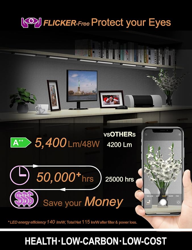 EBD LED Under Shelf Lighting, 4-Way Parallel Light Bar, 12-Panel Cabinet Lights, 3000K 5400Lm Counter Lights with Slack-Free Wiring, Maximized for Spacious 4-Layer Showcase, Bookcase & Storage Rack