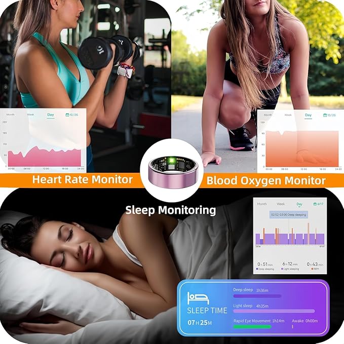 Smart Ring For Women Men, Health Tracker with Heart Rate/Blood Oxygen/Blood Pressure/Sleep Monitor/Step Counting, IP68 Waterproof Fitness ring, No App Fees for iPhone & Android (Lavender Pink, 9#)