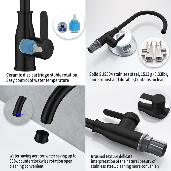 Single Handle Kitchen Faucet Stainless Steel Matte Black, Modern High Arc - Image 3
