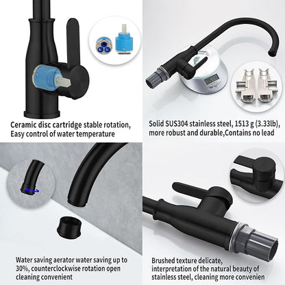 Single Handle Kitchen Faucet Stainless Steel Matte Black, Modern High Arc - Image 3