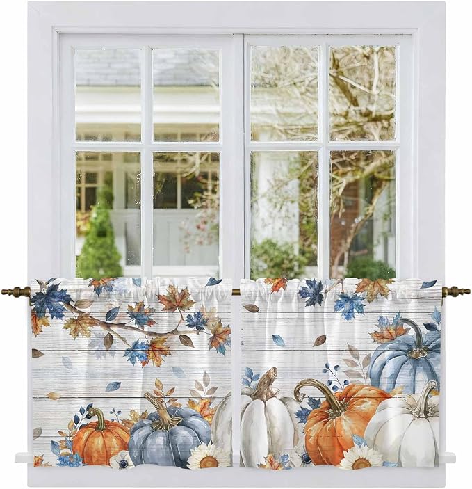 Thanksgiving Pumpkin Kitchen Tier Curtains 36 Inch Long 2 Panel Set, Rod Pocket - Image 2