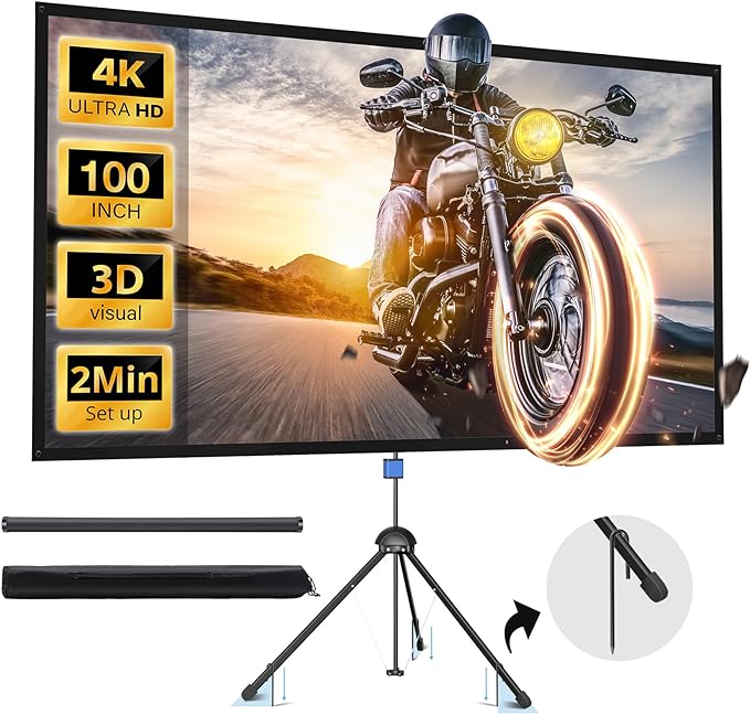 Projector Screen with Stand, Paris RHÔNE 100-inch Outdoor Indoor Projector Screen 16:9 4K HD PVC, 1.5 Gain Portable Wrinkle-Free Movie Screen for Home Backyard Theater with Carry Bag, Ground Nails