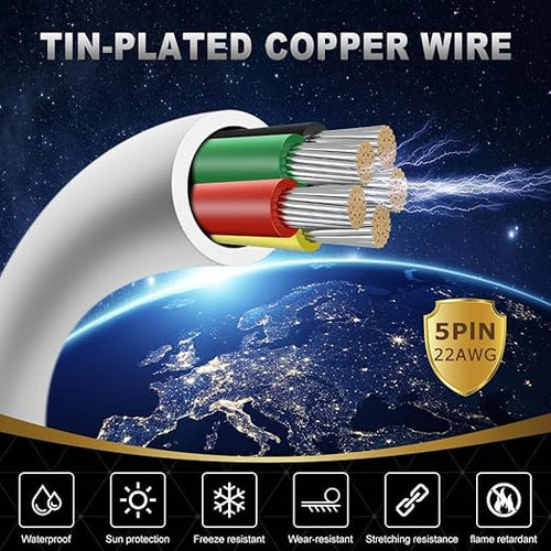 22 Gauge 5 Conductor Electrical Wire, 65.6FT White Stranded Low Voltage 22/5 PVC Case, 22 AWG Tinned Copper 5 Wire Extension Power for Strips LED Lamp Lighting