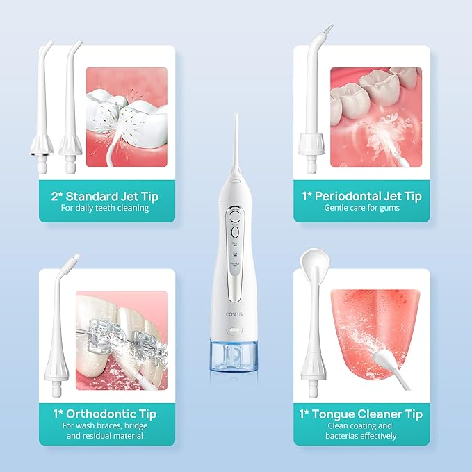 COSLUS Water Dental Flosser Teeth Pick: Portable Cordless Oral Irrigator 300ML Rechargeable Travel Irrigation Cleaner IPX7 Waterproof Electric Flossing Machine for Teeth Cleaning C20(F5020E) White