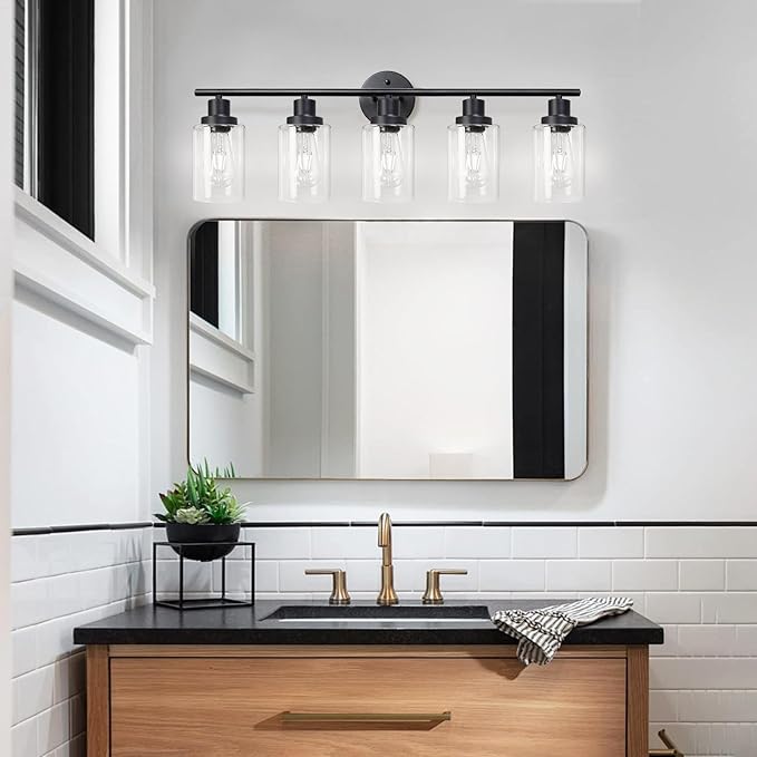 Unicozin Modern Bathroom Light Fixtures, 5 Light Vanity Lights, Black Wall Lamp with Clear Glass for Bathroom, Mirror, Living Room, Bedroom, Hallway, E26 Base