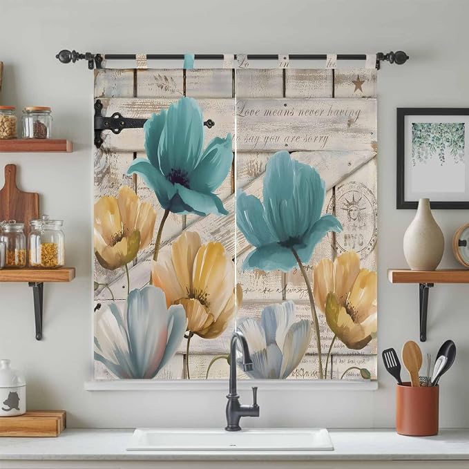 Watercolor Flowers Living Room Curtains 84 Inch Length, Window Curtains Tab Top - Image 3