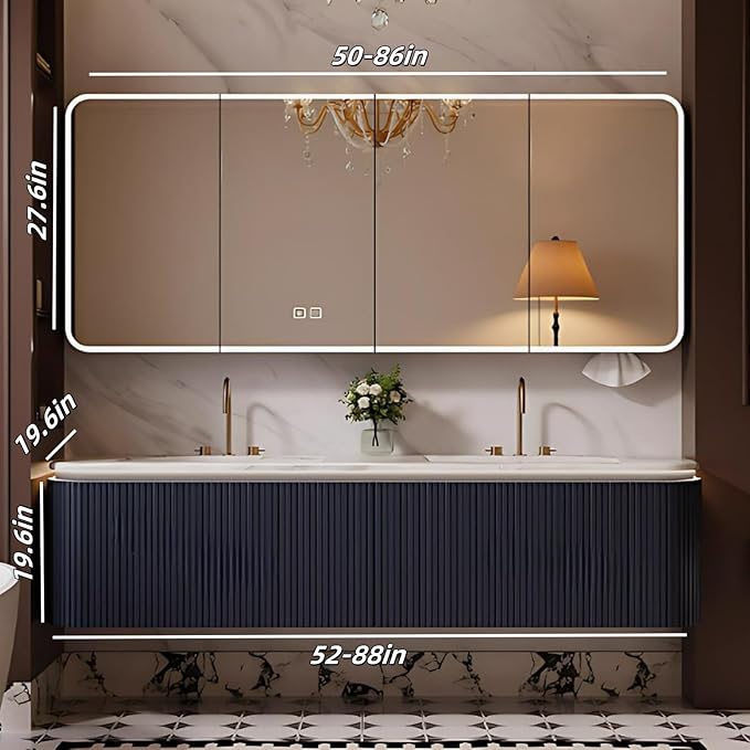 Bathroom Vanity with Double Sinks - LED Smart Defogging Mirror & Equipped with Tissue Hole | Modern Double Sink Bathroom Cabinet, 2 Drawers & Wavy Panel, Dark Blue (Mirror Cabinet, 84IN)