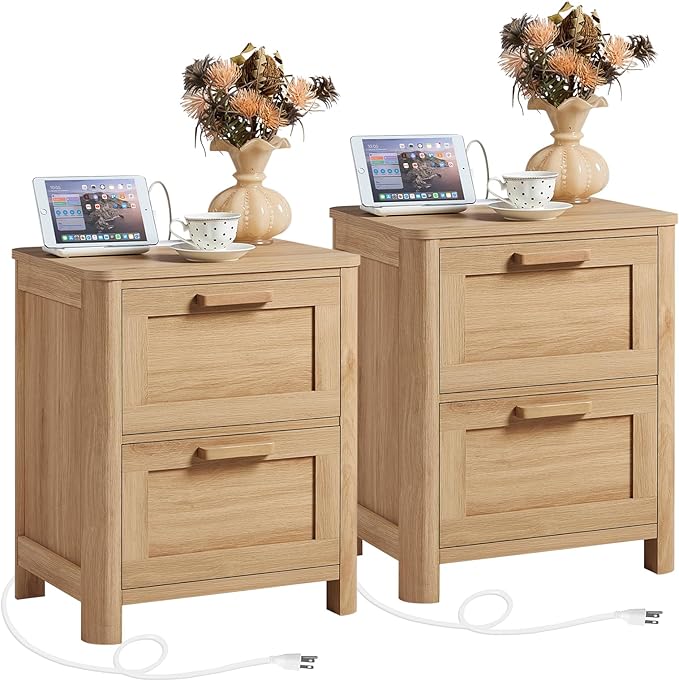 Joaxswe Farmhouse Nightstand Set of 2 with Charging Station, End Tables Bedroom with 2 Large Drawers & 4 Thickened Table Legs, Natural Wood